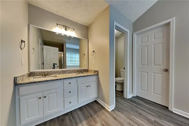 a spacious bathroom with a granite countertop sink and a mirror