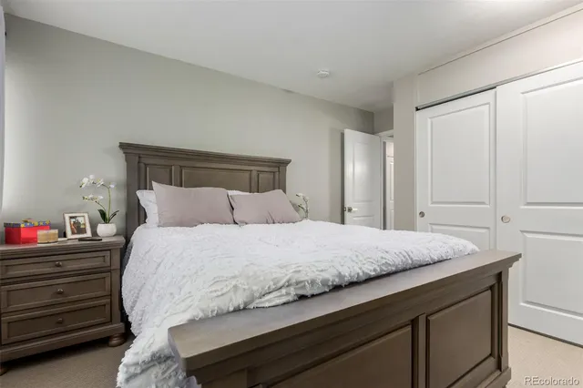 a bedroom with a bed and closet