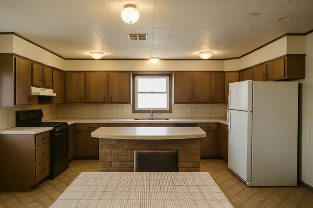 a kitchen with a refrigerator sink and wooden cabinets