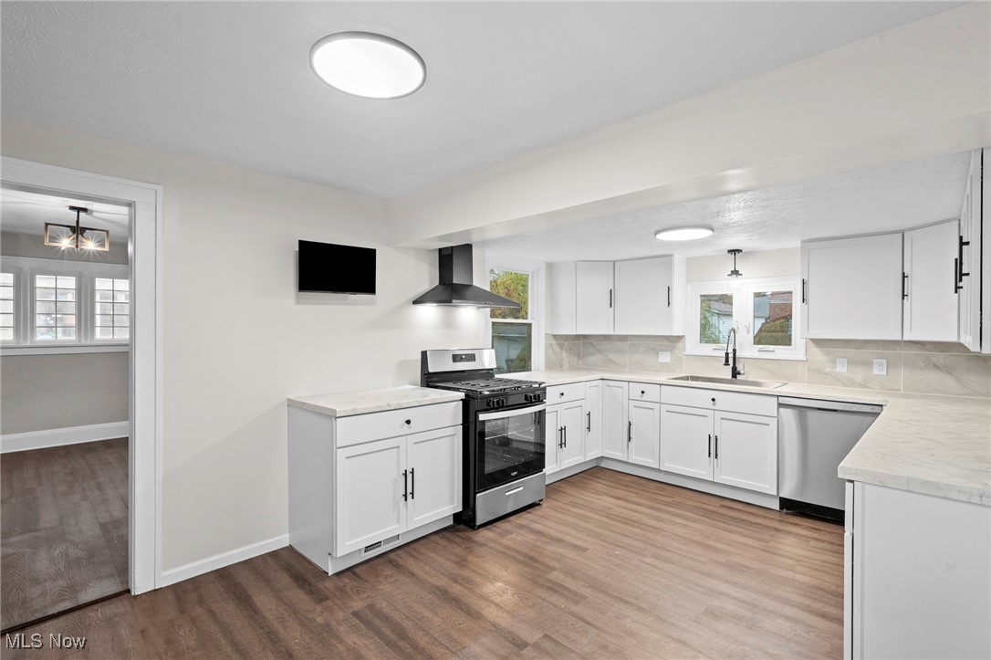 1056 Quilliams Road Cleveland, OH 44121 - Photo 11 of 37 Kitchen featuring white cabinetry, appliances with stainless steel finishes, backsplash, dark wood-style floors, and wall chimney exhaust hood