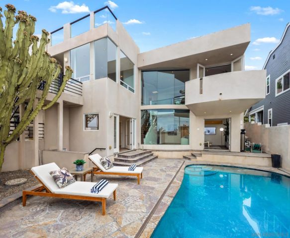 a view of a house with swimming pool in front of it