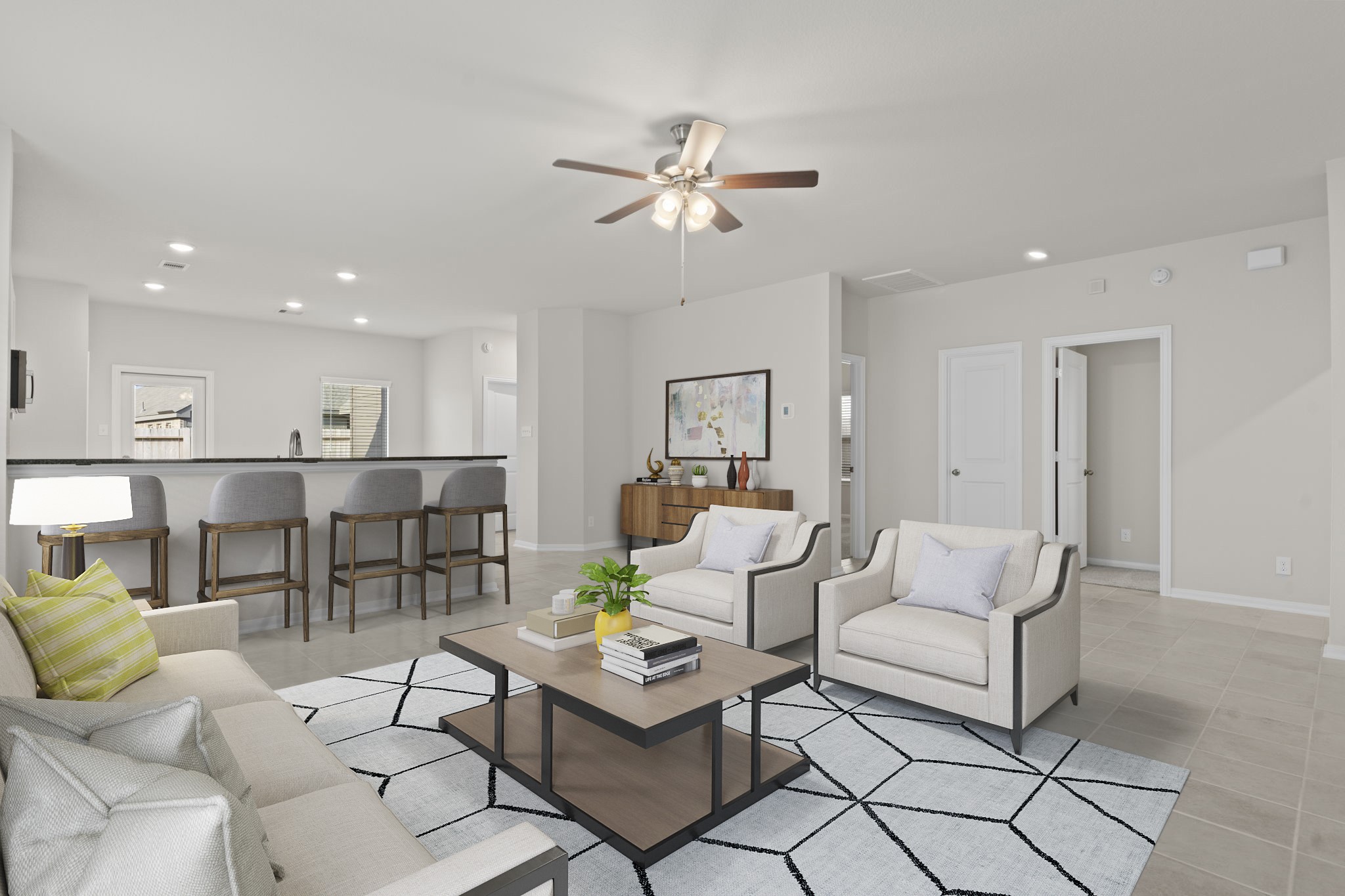 22218 Rome Breeze Drive Hockley, TX 77447 - Photo 7 of 34 Virtually staged to showcase its potential, this bright and spacious family room flows beautifully into the kitchen and dining areas. Large windows bring in an abundance of natural light, while tile flooring adds elegance and easy maintenance—perfect for relaxing or entertaining.