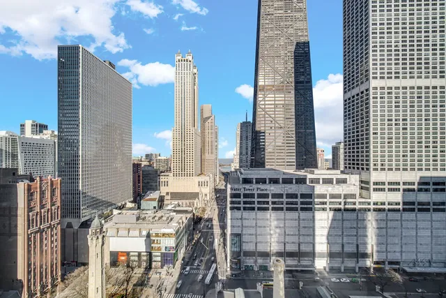 a city view with tall buildings