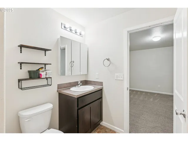 a bathroom with a sink a toilet and mirror