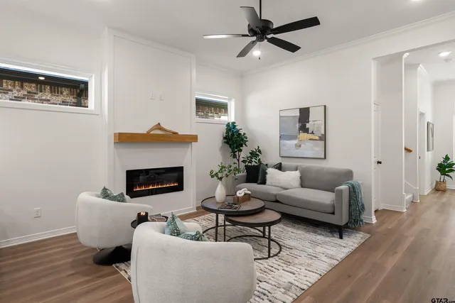 a living room with furniture and a fireplace