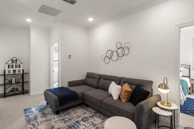 a living room with furniture and a rug