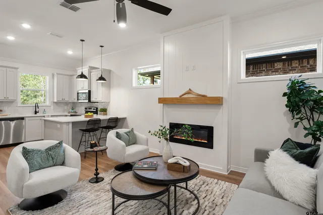 a living room with furniture and a fireplace