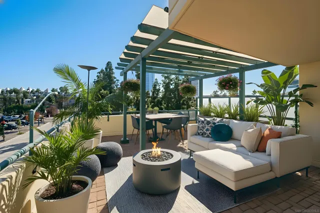 a building outdoor space with patio furniture