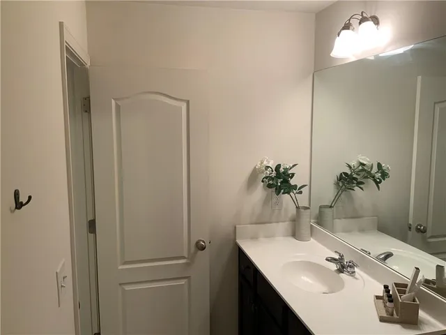 a bathroom with a sink a mirror and a potted plant