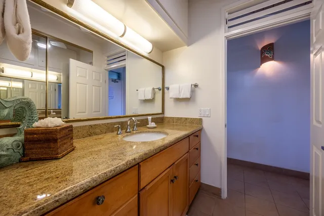 a spacious bathroom with a granite countertop sink mirror and double