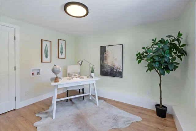 a workspace with furniture and a potted plant