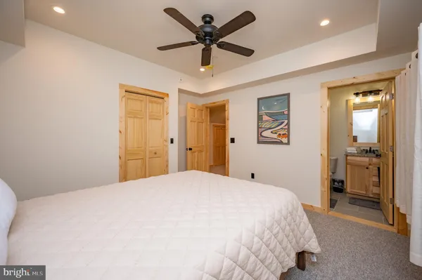 a bed room with a bed and a ceiling fan