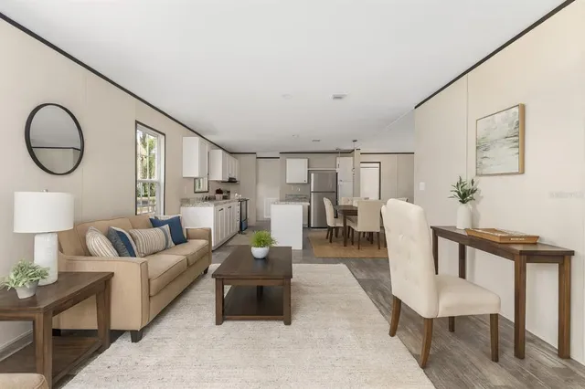 a living room with furniture a rug and a lamp