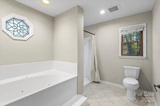 a bathroom with a tub shower and toilet