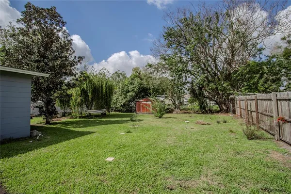 a backyard of a house with plants and tree