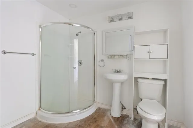 a bathroom with a toilet and a shower