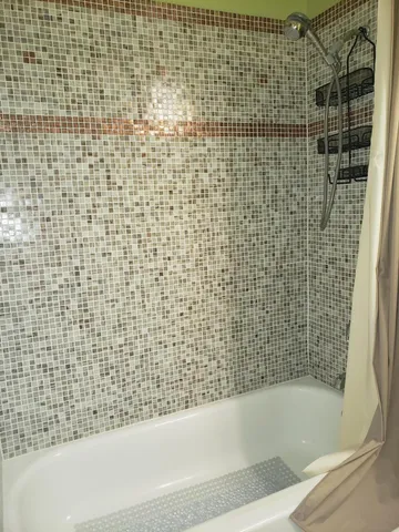 a bathroom with a bathtub and a shower