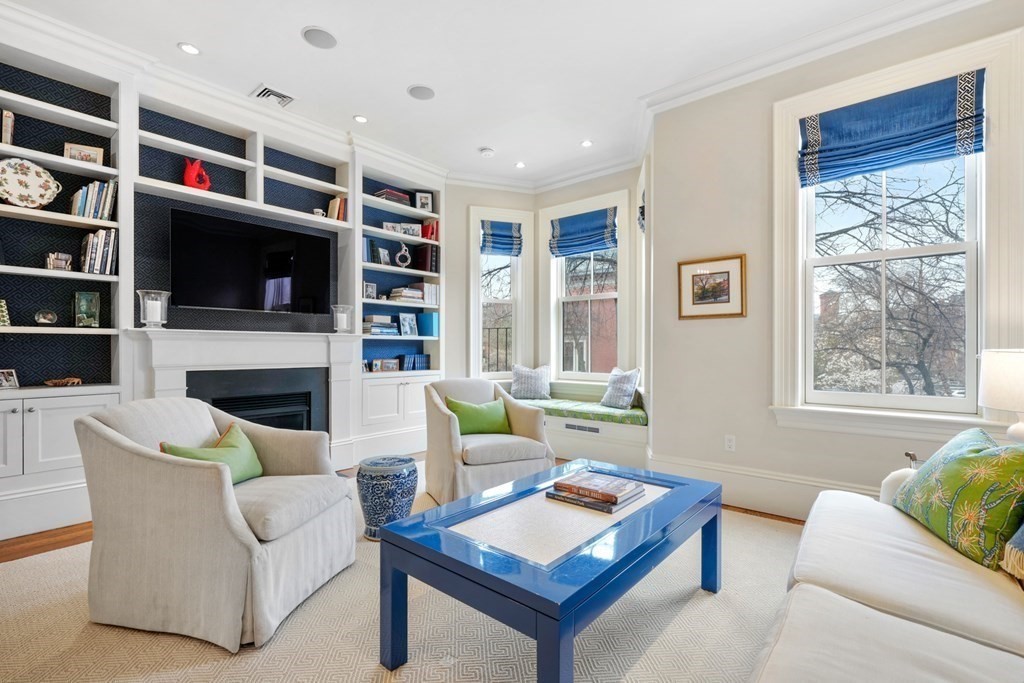 173 Warren Avenue, Unit 2 Boston, MA 02116 - Photo 2 of 32 a living room with furniture a flat screen tv and a fireplace