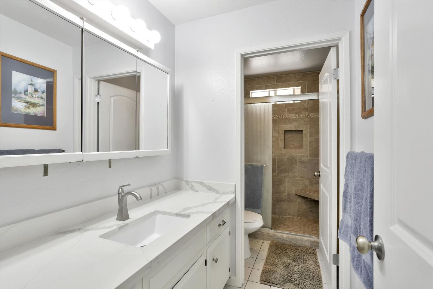 630 Paradise Road Salinas, CA 93907 - Photo 23 of 37 a bathroom with a granite countertop sink vanity and mirror