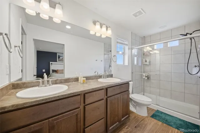 a bathroom with a sink a toilet and shower