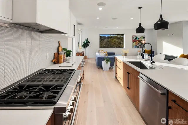 a kitchen with lots of counter top space
