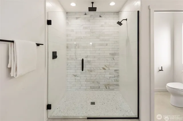 a bathroom with a shower and toilet