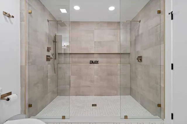 a close view of a bathroom shower