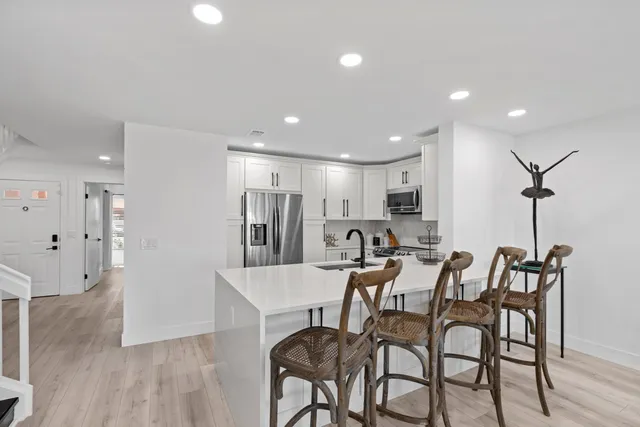 a view of a dining room with furniture