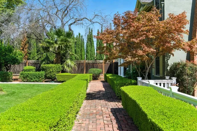 a view of a pathway with a garden