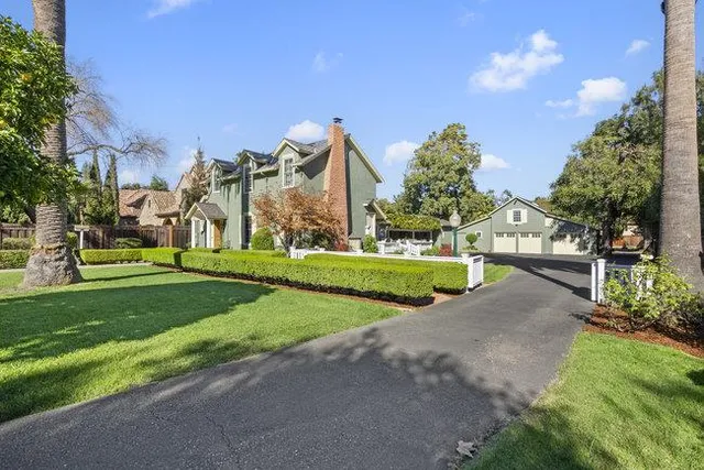a view of a park with large trees