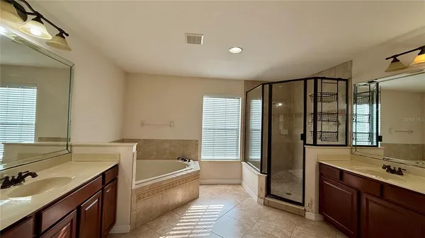 a bathroom with a tub sink and mirror