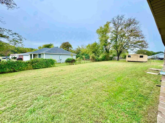 a view of a large garden with plants and large trees