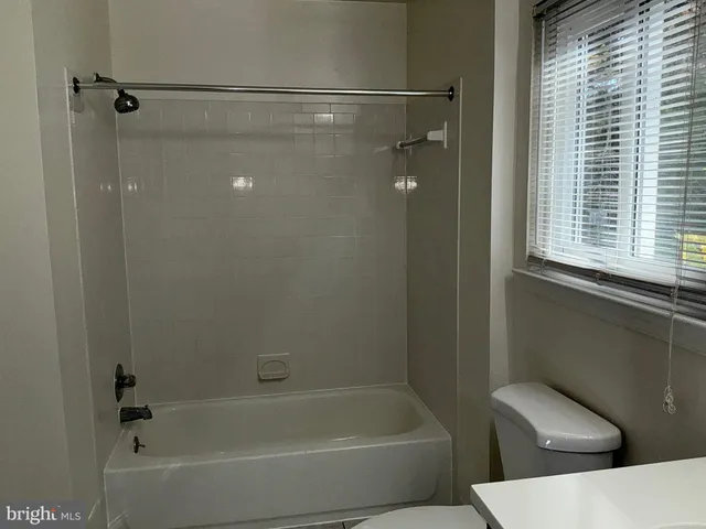 a bathroom with a bathtub and a toilet