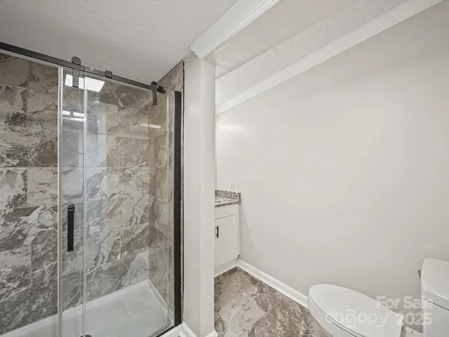 a bathroom with a shower and a toilet