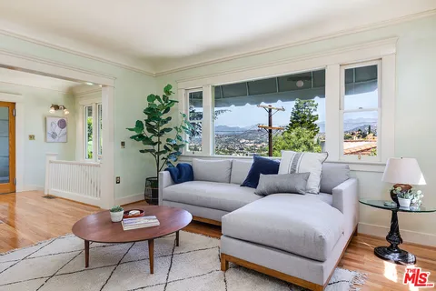a living room with furniture and a potted plant