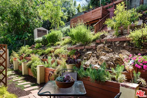 a coffee table and a potted plant in a garden