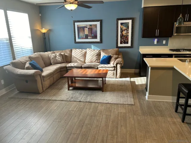 a living room with furniture and a fireplace