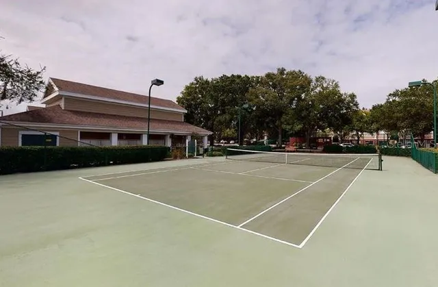 a view of a tennis ground with large trees