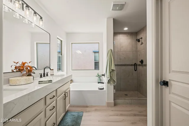 a bathroom with a double vanity sink mirror and shower