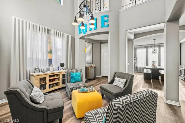 a living room with furniture and a table