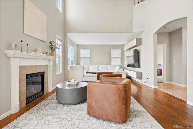 a living room with furniture a fireplace and a large mirror