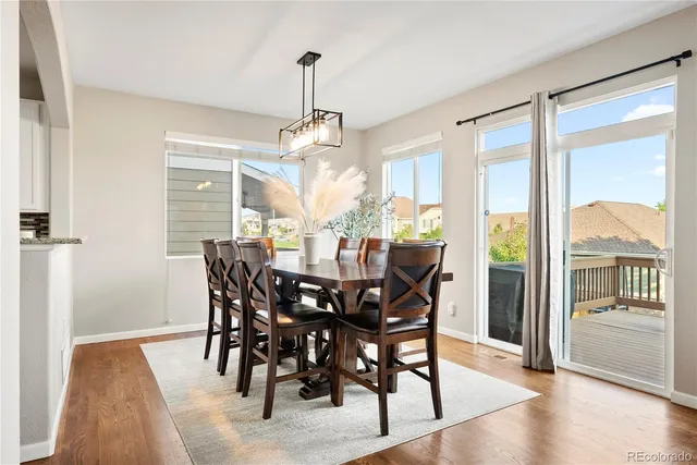 a view of a dining room with furniture window and wooden floor