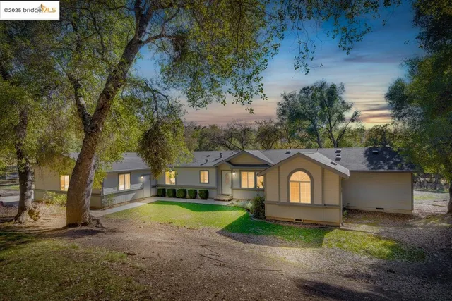 a front view of a house with a yard and trees