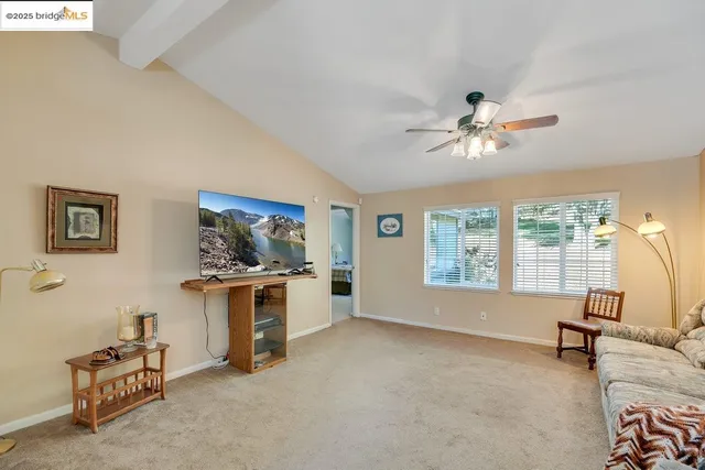 a living room with furniture two windows and a flat screen tv