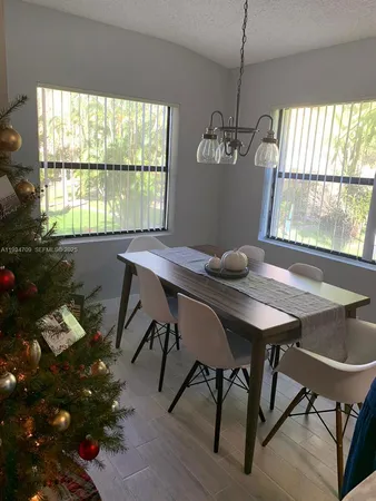 a view of a dining room with furniture window and outside view