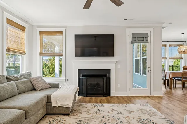 a living room with furniture a flat screen tv and a fireplace