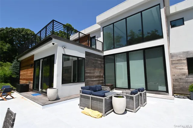 front view of a house with a patio