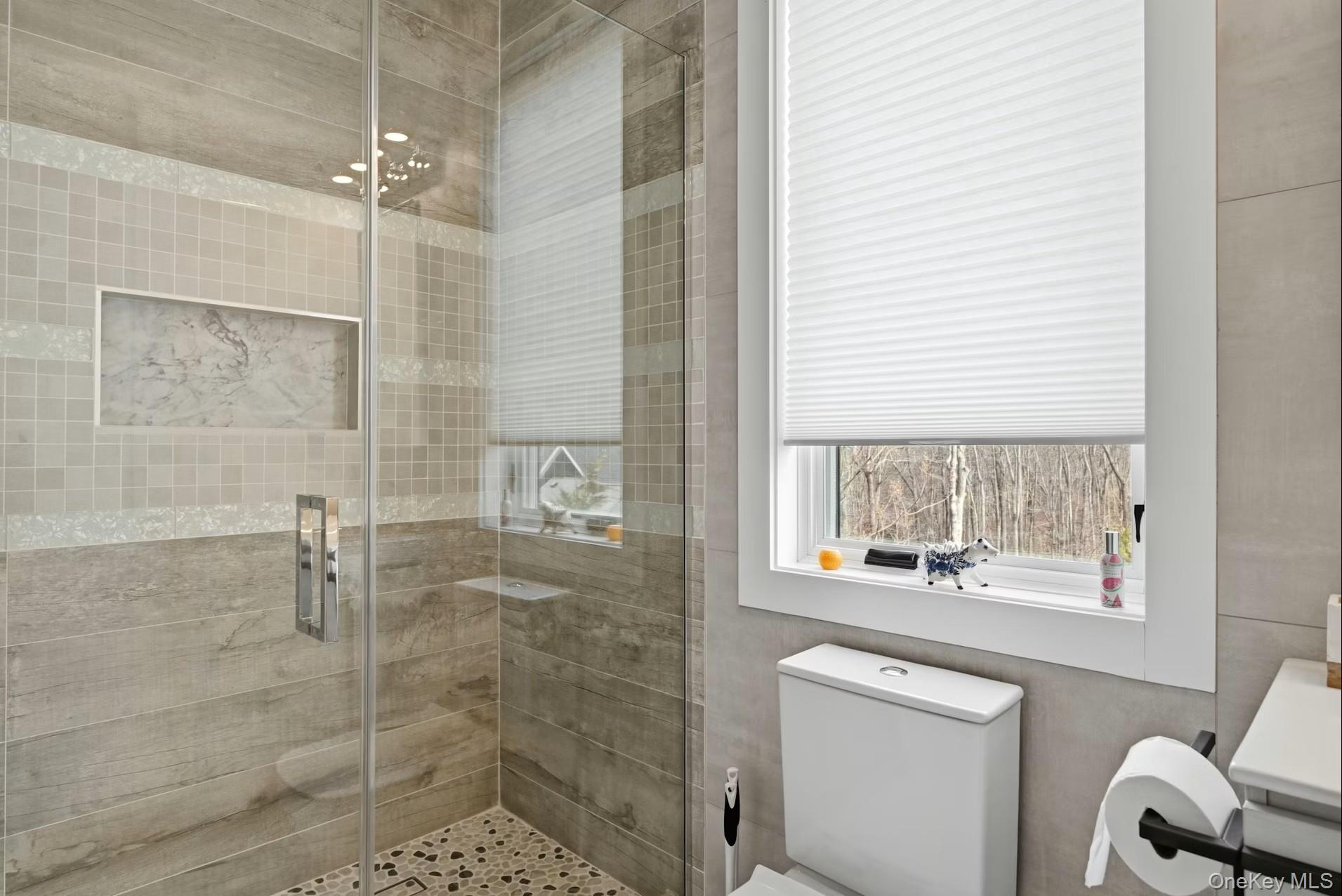 43 Smugglers Path Riverhead, NY 11901 - Photo 22 of 37 a bathroom with a shower a sink a toilet and a window