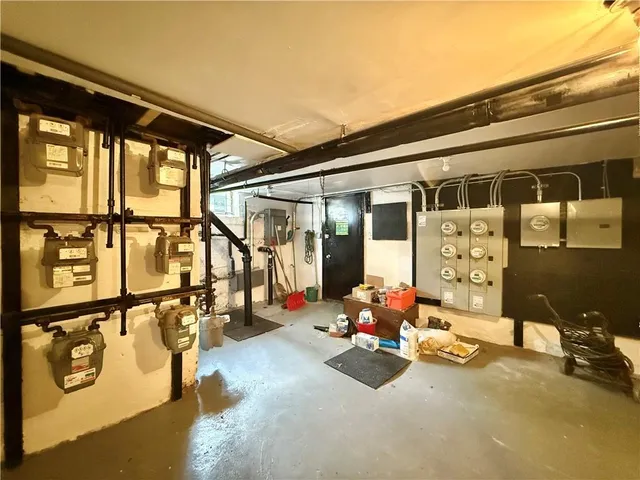 a garage with furniture and a window