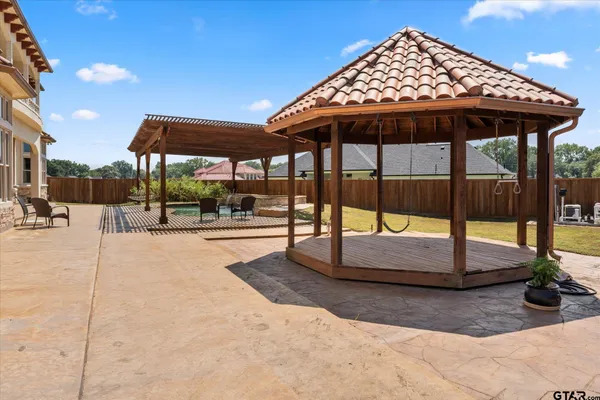 a view of a swimming pool with a porch